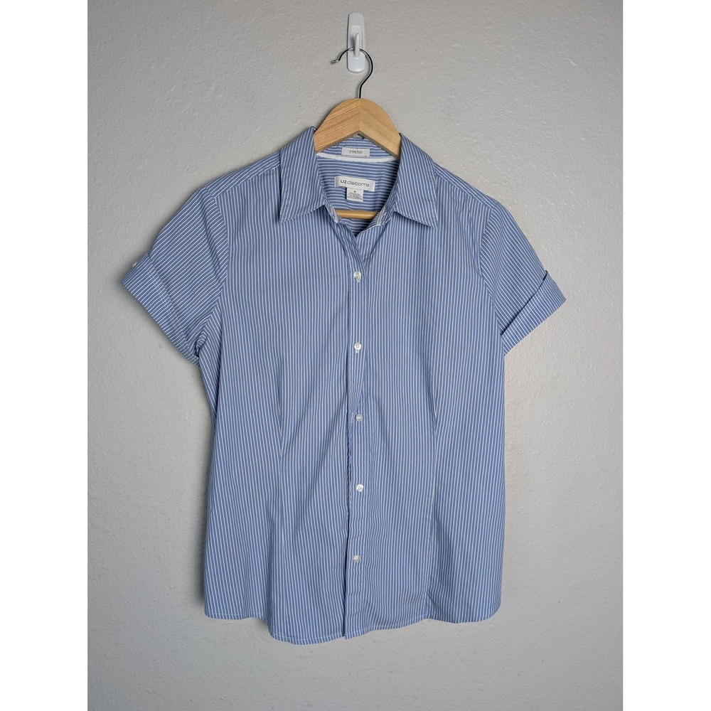 Liz Claiborne Button-Up Womens M Blue Striped Roll Tab Sleeve Stretch Easy Care
